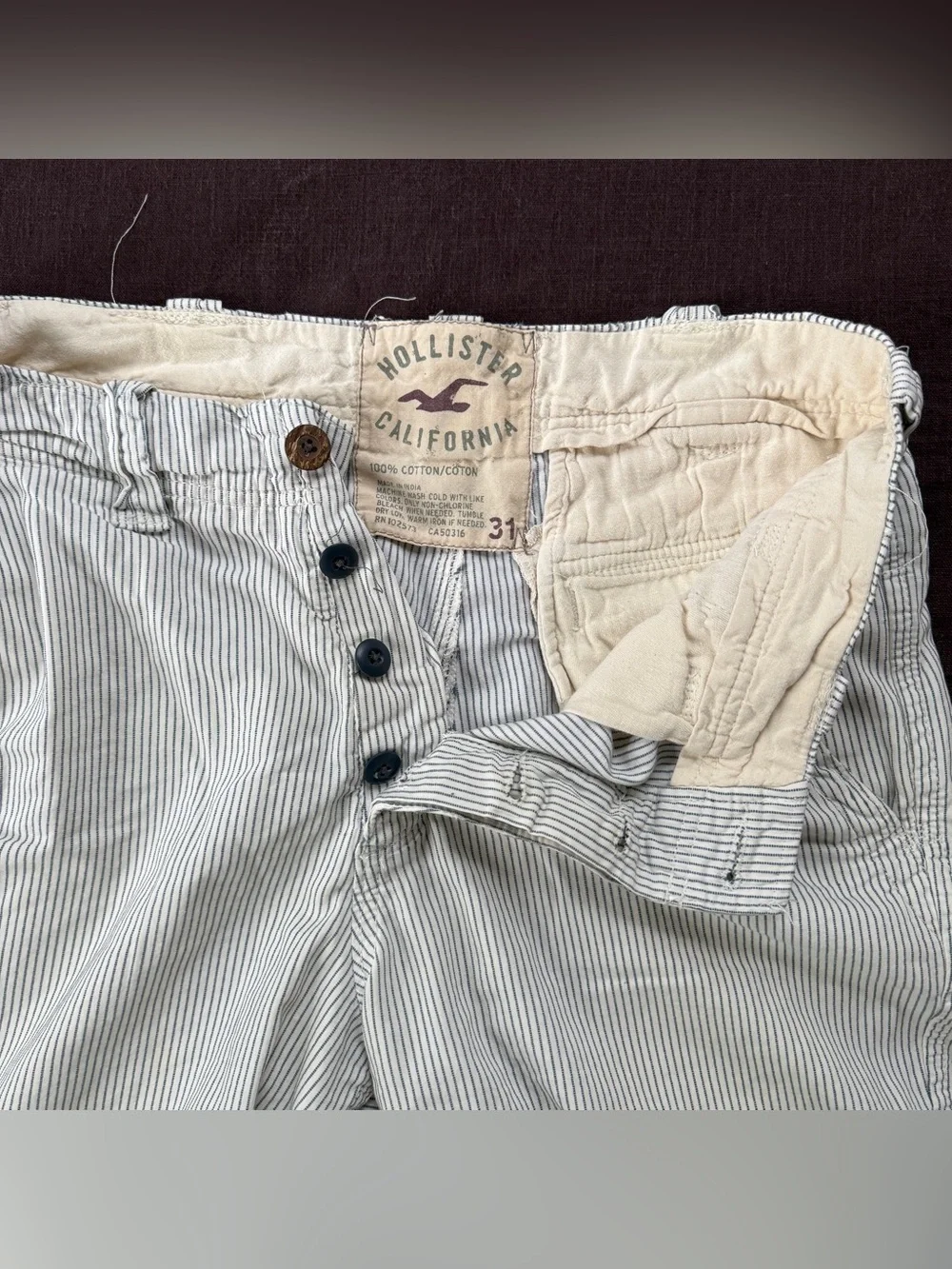 Y2K Hollister California Striped Chino Shorts Mens 31 Button Fly Preppy